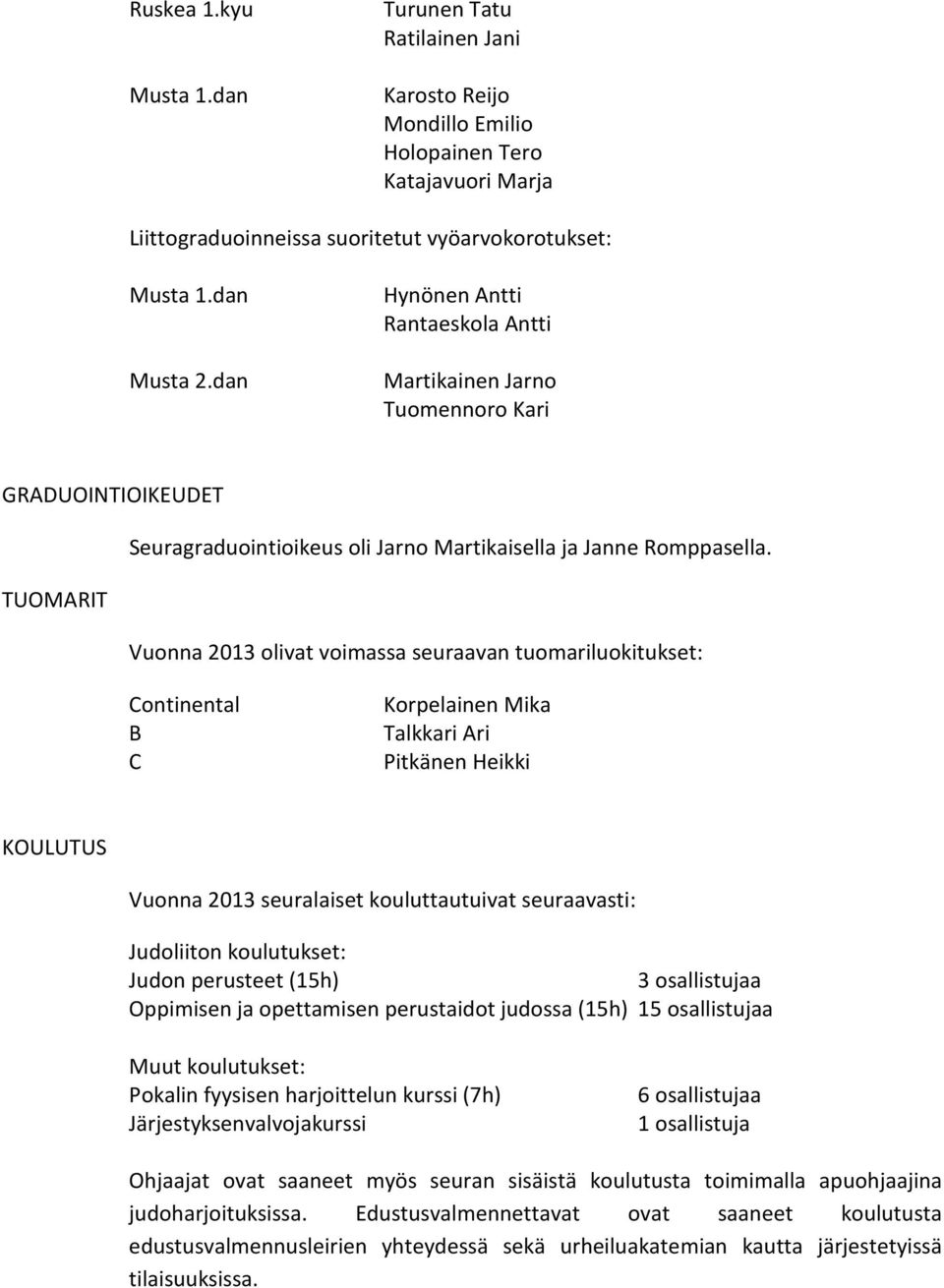 TUOMARIT Vuonna 2013 olivat voimassa seuraavan tuomariluokitukset: Continental B C Korpelainen Mika Talkkari Ari Pitkänen Heikki KOULUTUS Vuonna 2013 seuralaiset kouluttautuivat seuraavasti: