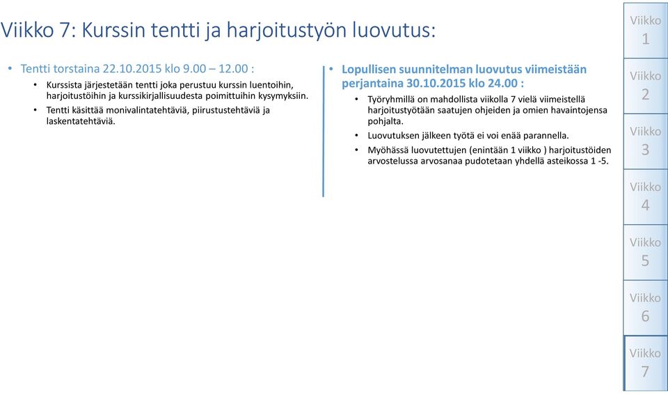 Tentti käsittää monivalintatehtäviä, piirustustehtäviä ja laskentatehtäviä. Lopullisen suunnitelman luovutus viimeistään perjantaina 0.0.0 klo.