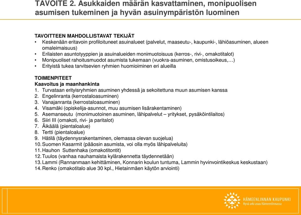 maaseutu-, kaupunki-, lähiöasuminen, alueen omaleimaisuus) Erilaisten asuntotyyppien ja asuinalueiden monimuotoisuus (kerros-, rivi-, omakotitalot) Monipuoliset rahoitusmuodot asumista tukemaan