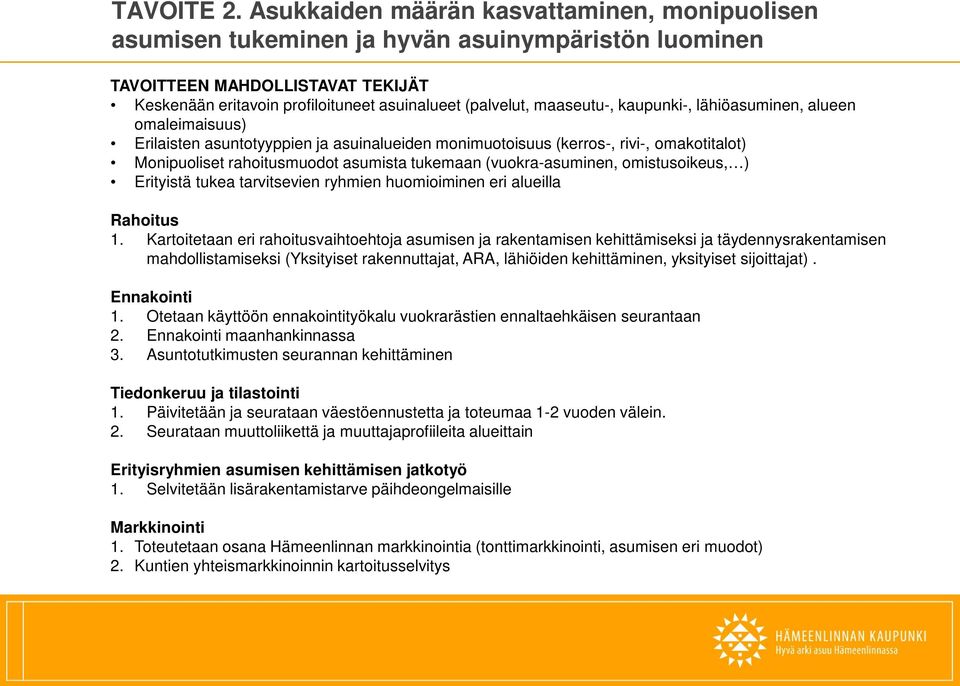 maaseutu-, kaupunki-, lähiöasuminen, alueen omaleimaisuus) Erilaisten asuntotyyppien ja asuinalueiden monimuotoisuus (kerros-, rivi-, omakotitalot) Monipuoliset rahoitusmuodot asumista tukemaan