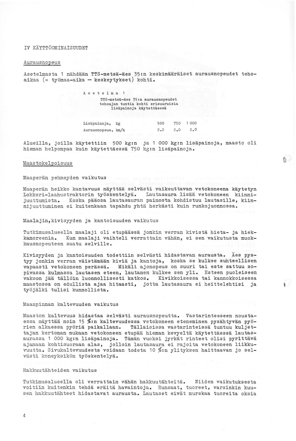 0 Alueilla, joilla käytettiin 500 kg:n ja 1 000 kg:n lisäpainoja, maasto oli hieman helpompaa kuin käytettäessä 750 kg:n lisäpainoja.