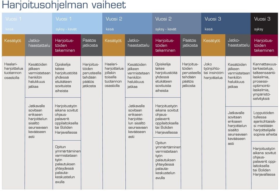 etukäteen sovituista aiheista perusteella tehdään päätös jatkosta Haalariharjoittelua jollakin toisella tuotannon osastolla Kesätöiden jälkeen henkilön halukkuus jatkaa Opiskelija tekee