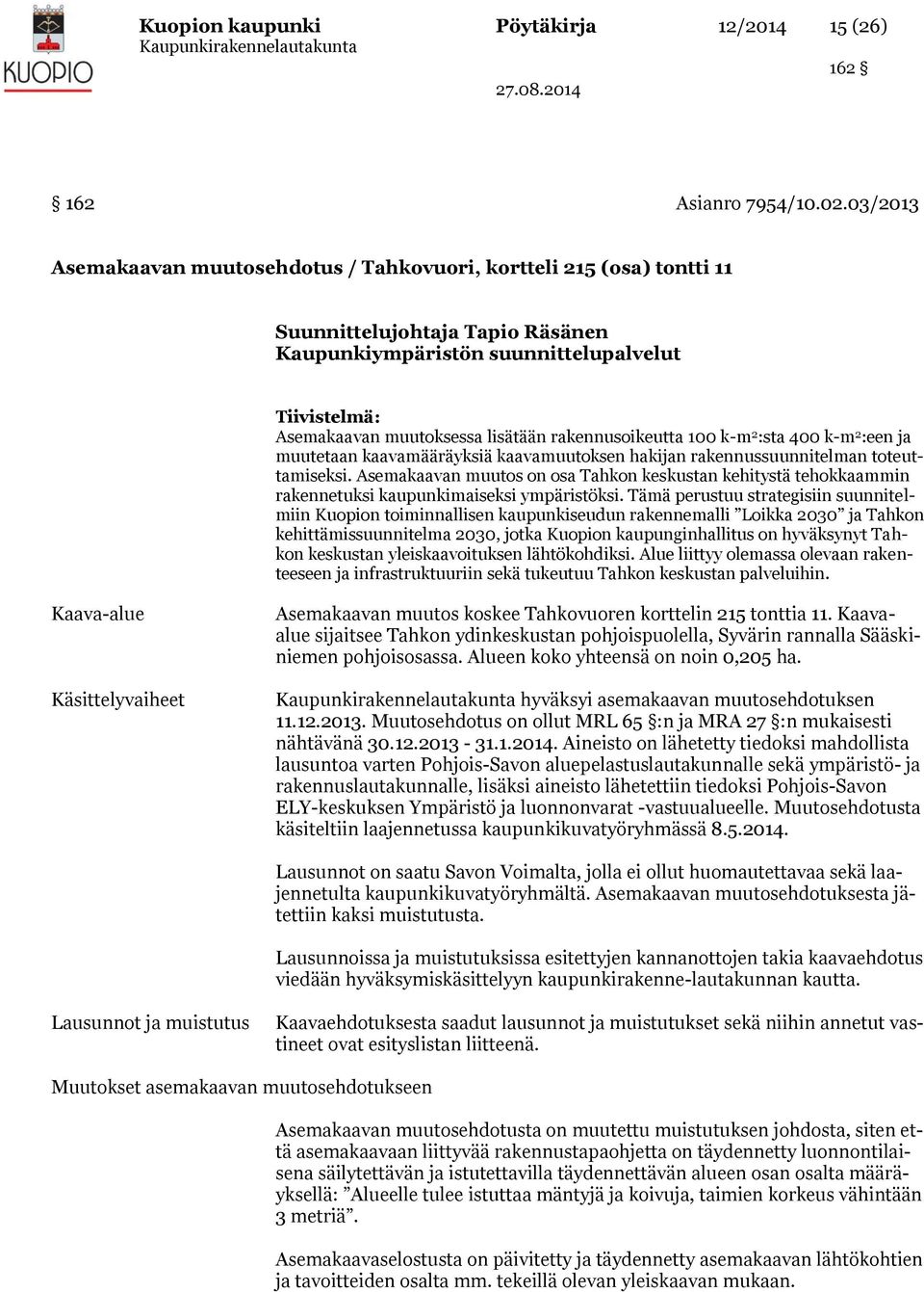 rakennusoikeutta 100 k-m 2 :sta 400 k-m 2 :een ja muutetaan kaavamääräyksiä kaavamuutoksen hakijan rakennussuunnitelman toteuttamiseksi.