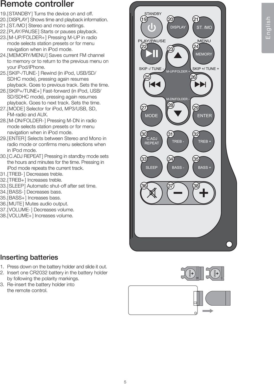 [ MEMORY/MENU ] Saves current FM channel to memory or to return to the previous menu on your ipod/iphone. 25. [ SKIP-/TUNE- ] Rewind (in ipod, USB/SD/ SDHC mode), pressing again resumes playback.