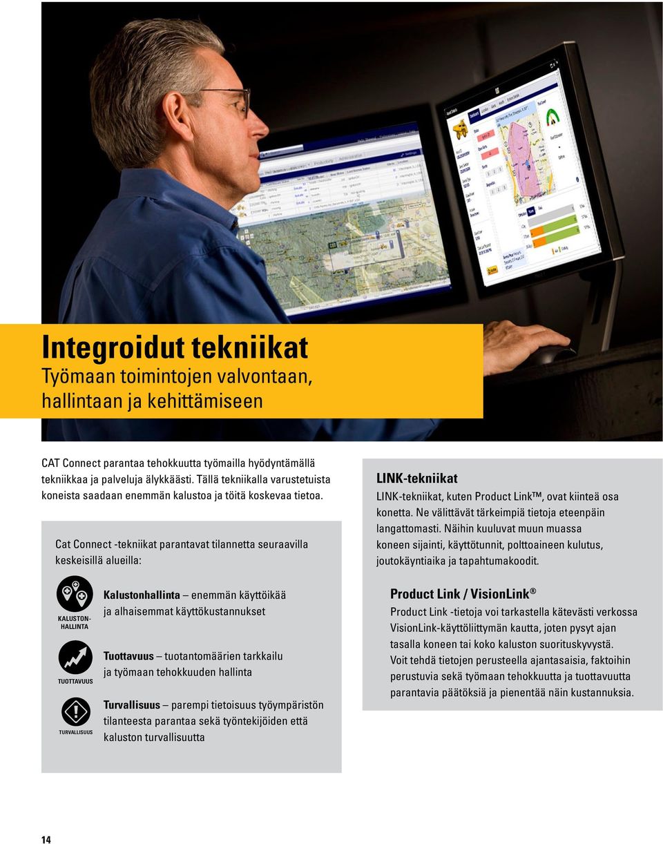 Cat Connect -tekniikat parantavat tilannetta seuraavilla keskeisillä alueilla: LINK-tekniikat LINK-tekniikat, kuten Product Link, ovat kiinteä osa konetta.
