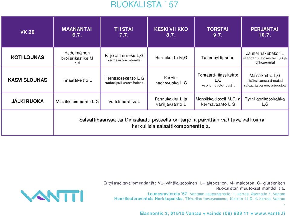 7.7. 8.7. 9.7. 10.7. Hedelmäinen broilerikastike M riisi Kirjolohimureke kermaviilikastikkeella Hernekeitto MG Talon pyttipannu Jauhelihakebakot cheddarjuustokastike