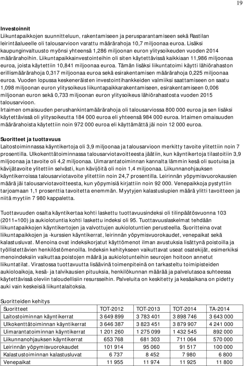 Liikuntapaikkainvestointeihin oli siten käytettävissä kaikkiaan 11,986 miljoonaa euroa, joista käytettiin 10,841 miljoonaa euroa.