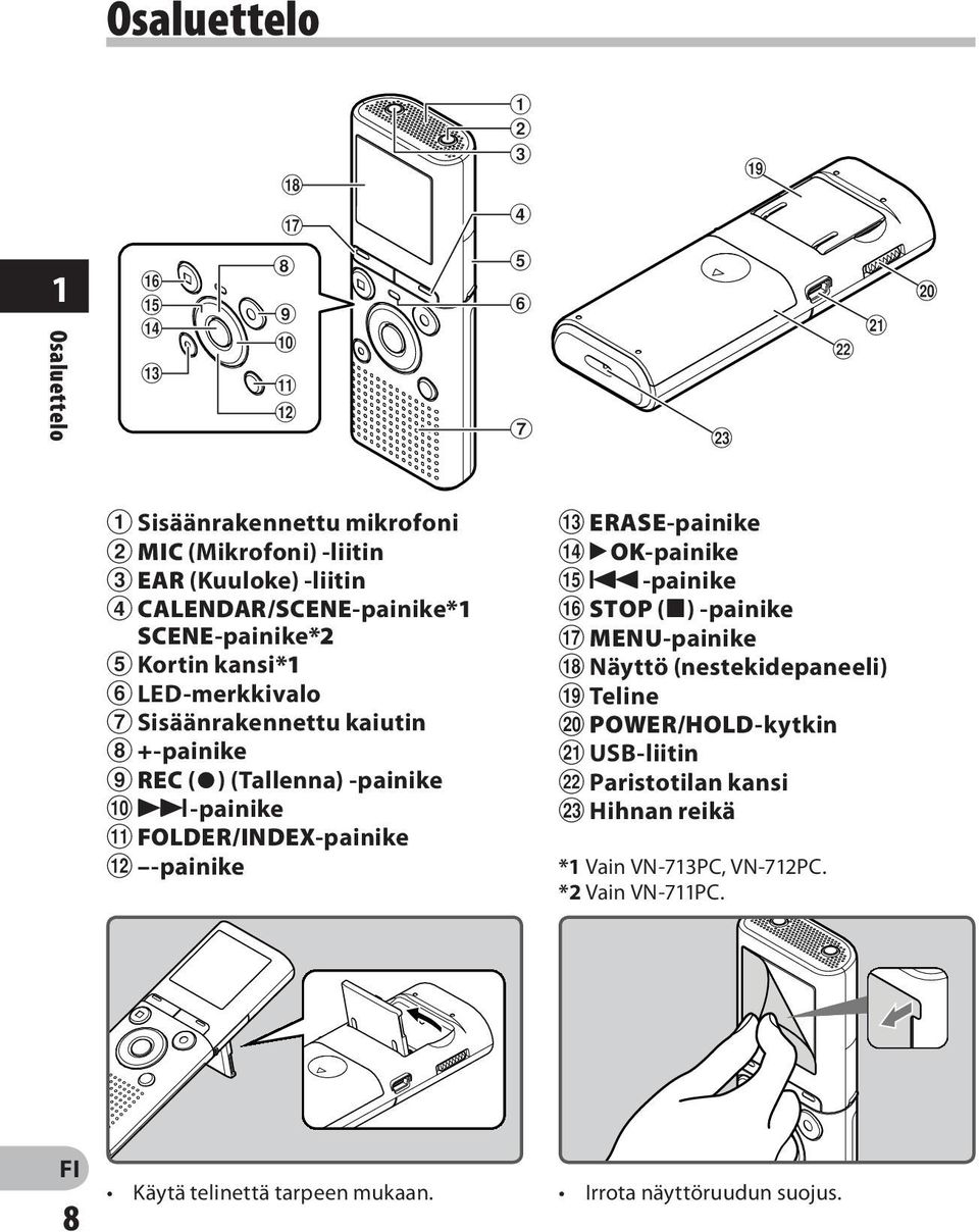 LED-merkkivalo 7 Sisäänrakennettu kaiutin 8 +-painike 9 REC (s) (Tallenna) -painike 0 9-painike!