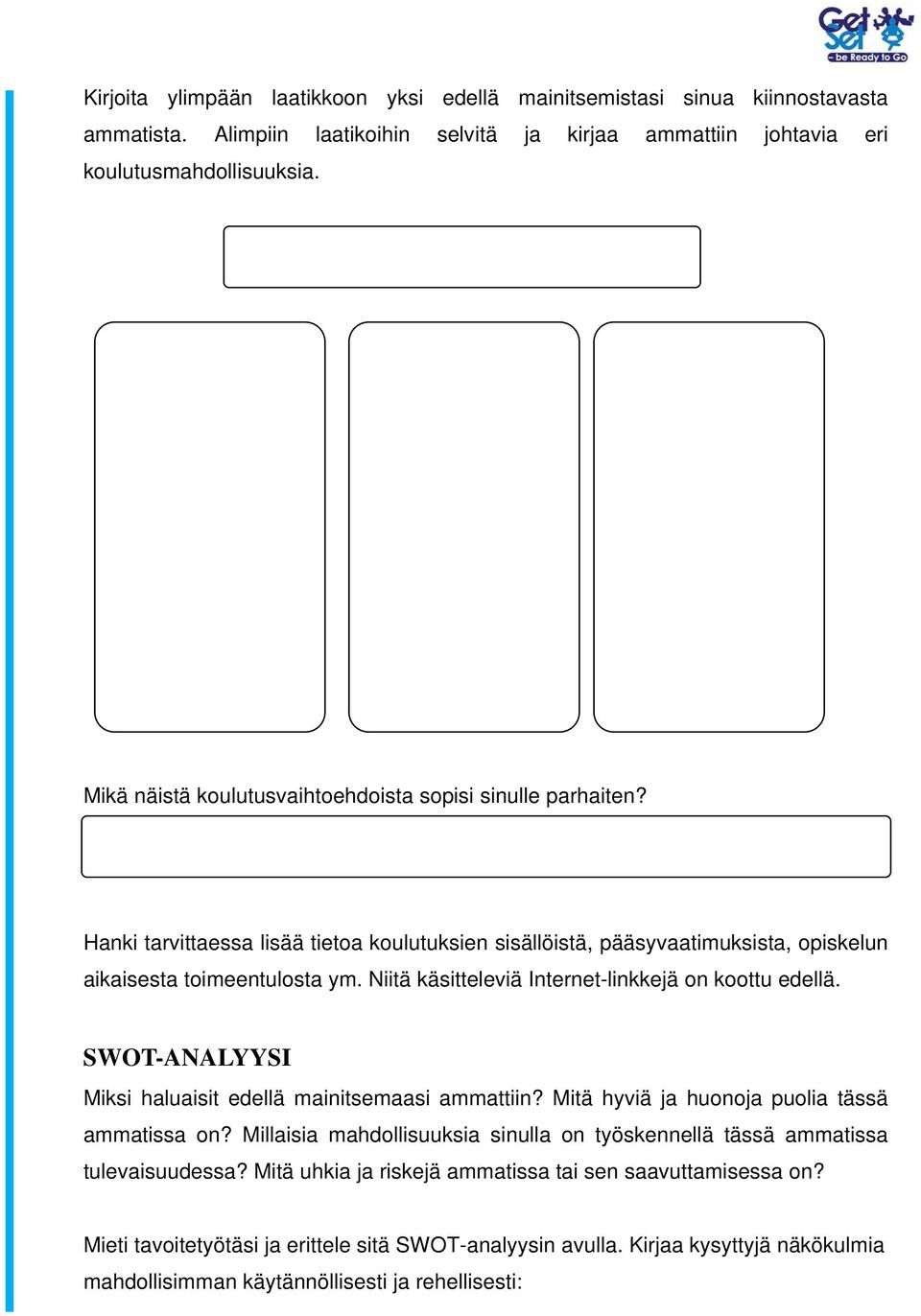 Niitä käsitteleviä Internet-linkkejä on koottu edellä. SWOT-ANALYYSI Miksi haluaisit edellä mainitsemaasi ammattiin? Mitä hyviä ja huonoja puolia tässä ammatissa on?