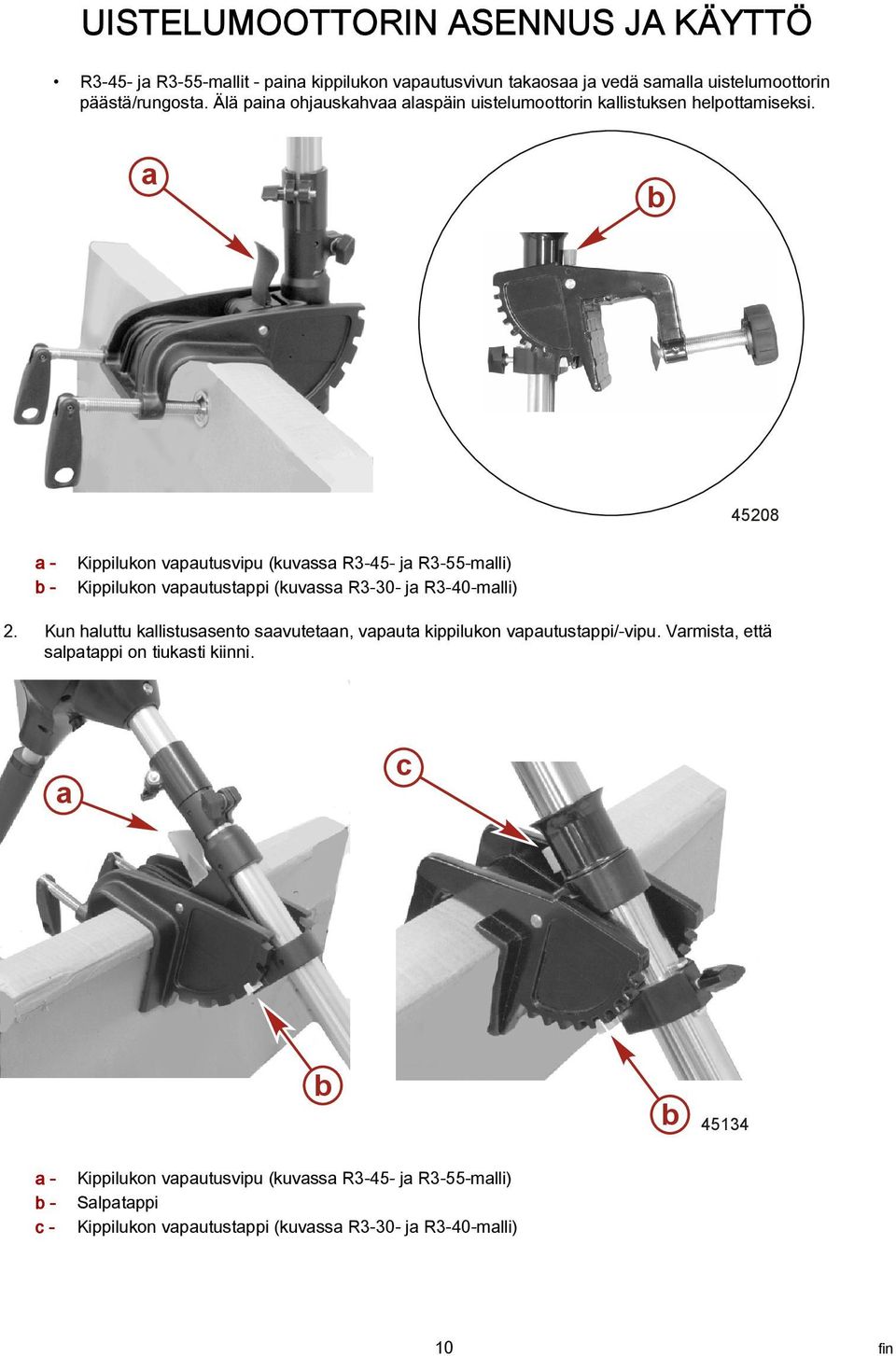 a b 45208 a - b - Kippilukon vapautusvipu (kuvassa R3-45- ja R3-55-malli) Kippilukon vapautustappi (kuvassa R3-30- ja R3-40-malli) 2.