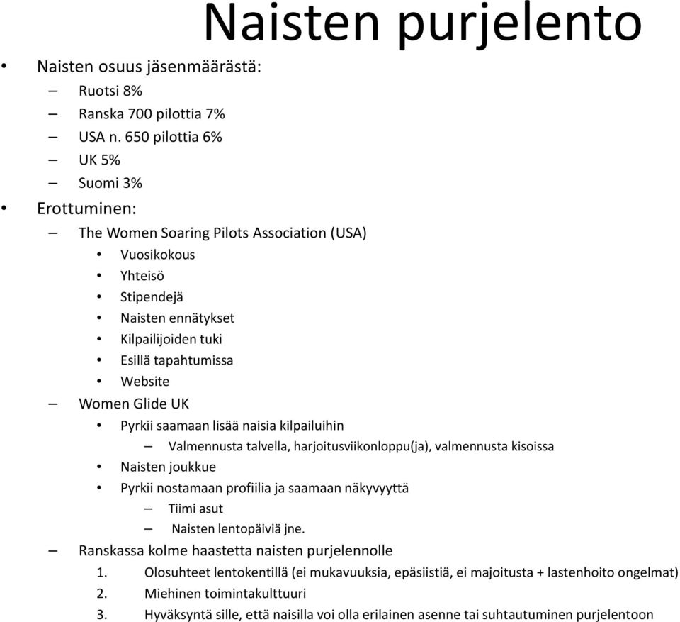 Glide UK Pyrkii saamaan lisää naisia kilpailuihin Valmennusta talvella, harjoitusviikonloppu(ja), valmennusta kisoissa Naisten joukkue Pyrkii nostamaan profiilia ja saamaan näkyvyyttä Tiimi