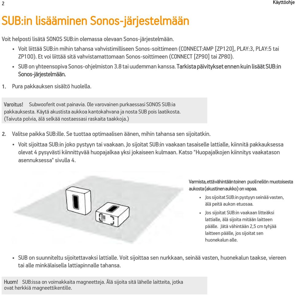 SUB on yhteensopiva Sonos-ohjelmiston 3.8 tai uudemman kanssa. Tarkista päivitykset ennen kuin lisäät SUB:in Sonos-järjestelmään. 1. Pura pakkauksen sisältö huolella. Varoitus!