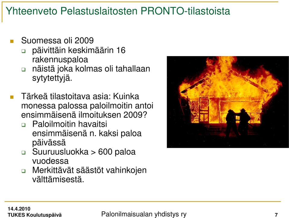 Tärkeä tilastoitava asia: Kuinka monessa palossa paloilmoitin antoi ensimmäisenä ilmoituksen 2009?