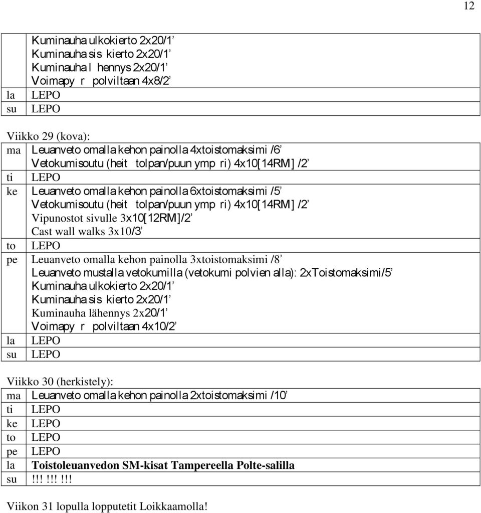 omalla kehon painolla 3xtoistomaksimi /8 Leuanveto mustalla vetokumilla (vetokumi polvien alla): 2xToistomaksimi/5 Kuminauha siskierto 2x20/1 Kuminauha lähennys 2x20/1 Voimapyrpolviltaan 4x10/2 la