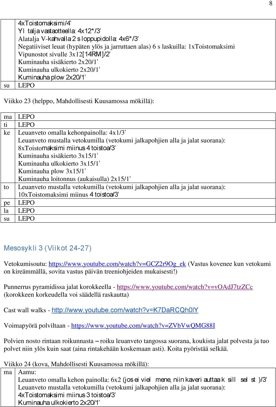 toistoa/3 Kuminauha sisäkierto 3x15/1 Kuminauha ulkokierto 3x15/1 Kuminauha plow 3x15/1 Kuminauha loitonnus (aukaisulla) 2x15/1 to 10xToistomaksimi miinus 4 toistoa/3 pe la su Mesosykli 3 (Viikot