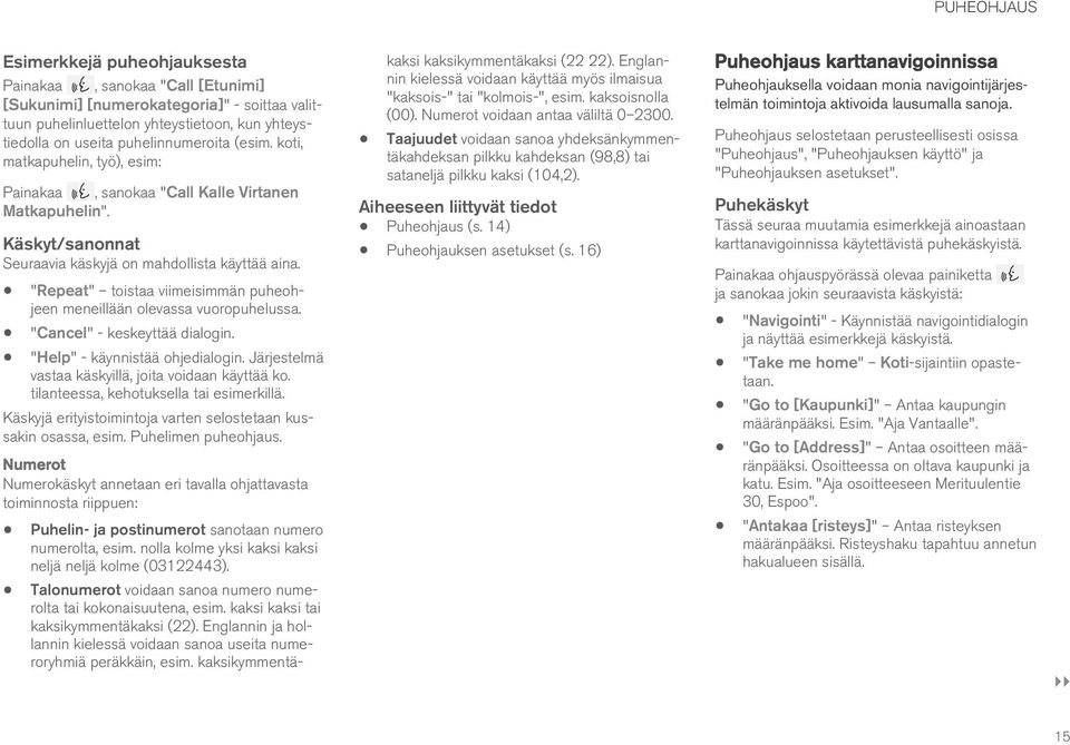 "Repeat" toistaa viimeisimmän puheohjeen meneillään olevassa vuoropuhelussa. "Cancel" - keskeyttää dialogin. "Help" - käynnistää ohjedialogin. Järjestelmä vastaa käskyillä, joita voidaan käyttää ko.