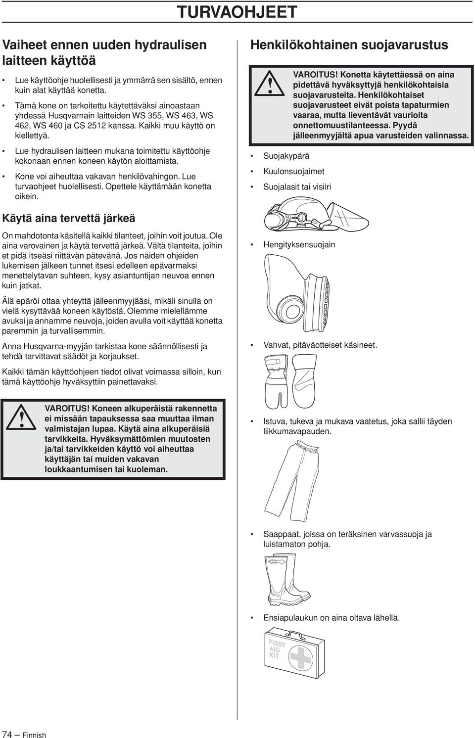 Lue hydraulisen laitteen mukana toimitettu käyttöohje kokonaan ennen koneen käytön aloittamista. Kone voi aiheuttaa vakavan henkilövahingon. Lue turvaohjeet huolellisesti.
