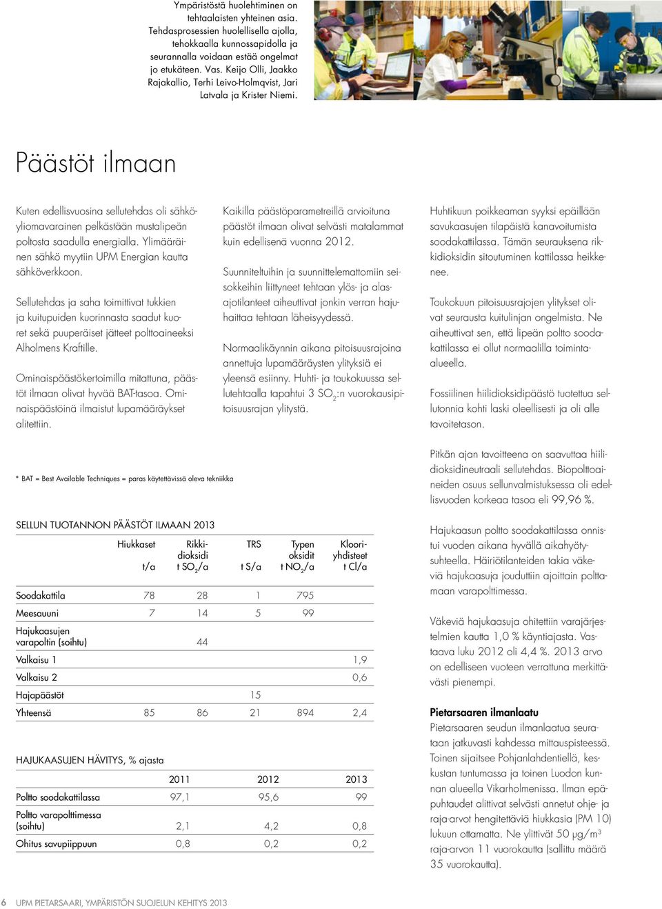 Päästöt ilmaan Kuten edellisvuosina sellutehdas oli sähköyliomavarainen pelkästään mustalipeän poltosta saadulla energialla. Ylimääräinen sähkö myytiin UPM Energian kautta sähköverkkoon.