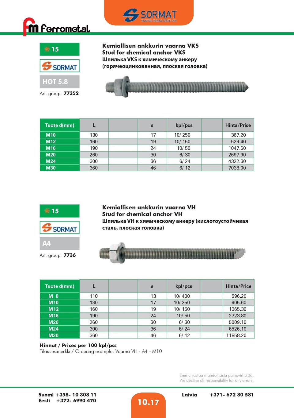 00 15 Kemiallisen ankkurin vaarna VH Stud for chemical anchor VH Шпилька VH к химическому анкеру (кислотоустойчивая сталь, плоская головка) A4 Art.