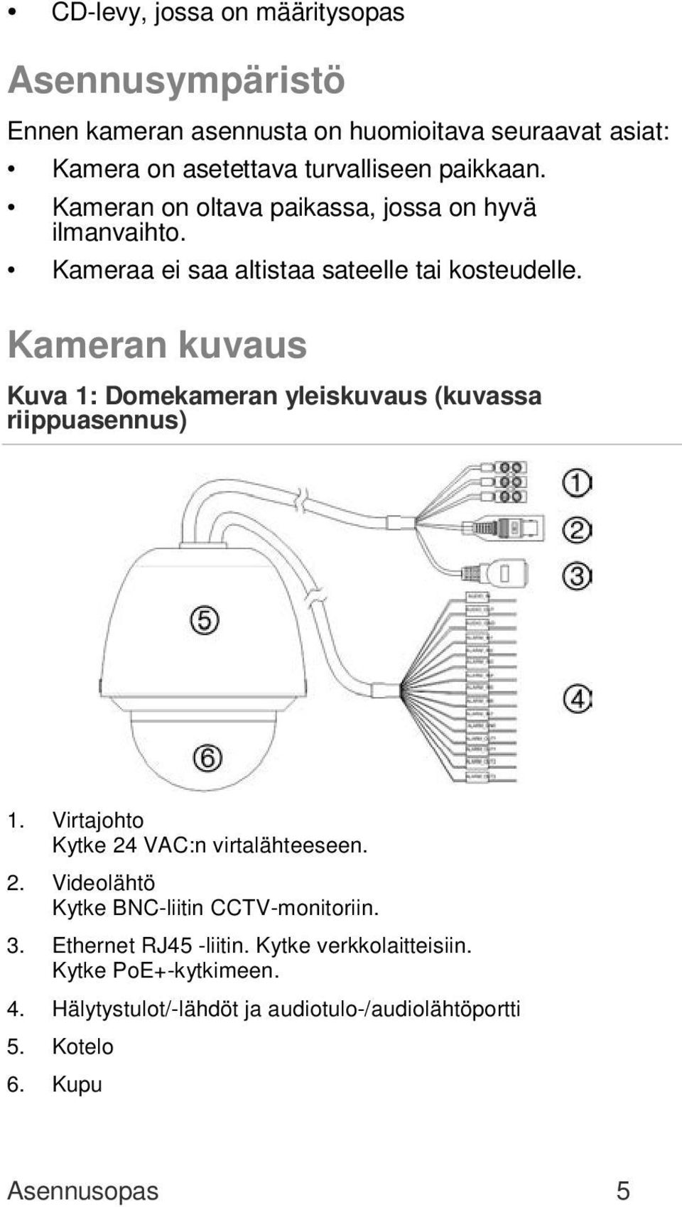 Kameran kuvaus Kuva 1: Domekameran yleiskuvaus (kuvassa riippuasennus) 1. Virtajohto Kytke 24 VAC:n virtalähteeseen. 2. Videolähtö Kytke BNC-liitin CCTV-monitoriin.