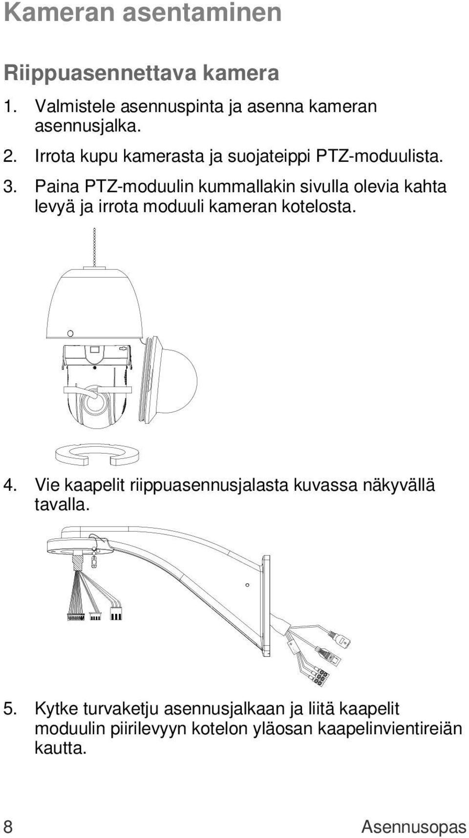 Paina PTZ-moduulin kummallakin sivulla olevia kahta levyä ja irrota moduuli kameran kotelosta. 4.