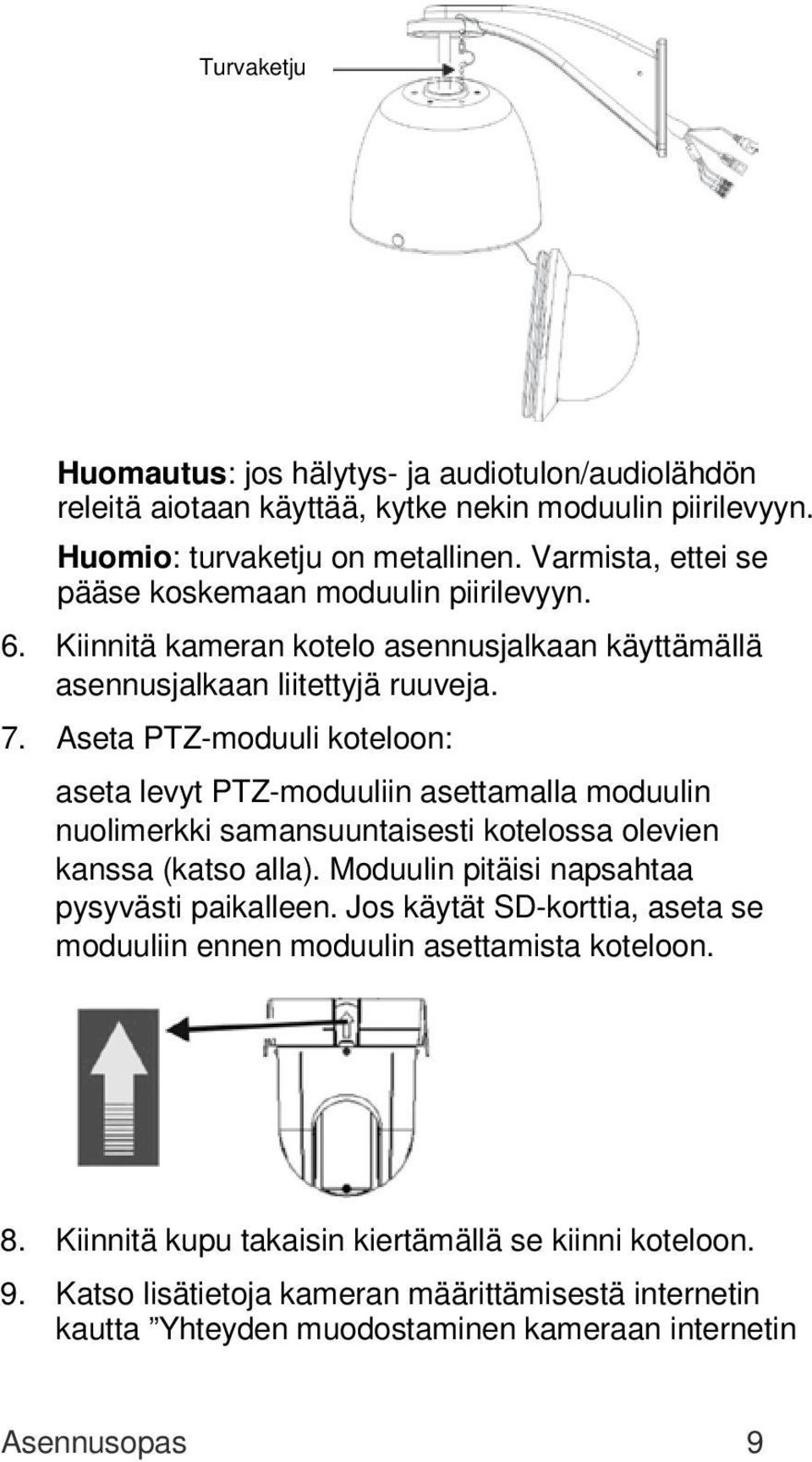 Aseta PTZ-moduuli koteloon: aseta levyt PTZ-moduuliin asettamalla moduulin nuolimerkki samansuuntaisesti kotelossa olevien kanssa (katso alla).