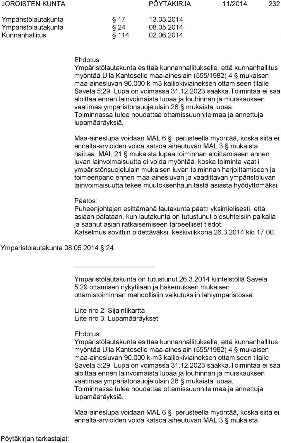 2014 24 Ympäristölautakunta esittää kunnanhallitukselle, että kunnanhallitus myöntää Ulla Kantoselle maa-aineslain (555/1982) 4 mukaisen maa-ainesluvan 90.