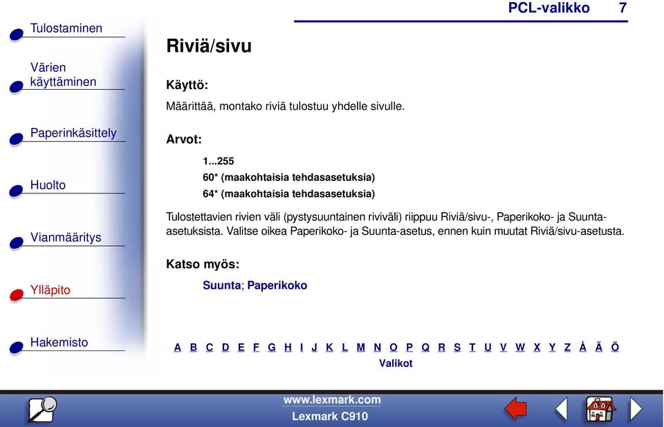 Tulostettavien rivien väli (pystysuuntainen riviväli) riippuu Riviä/sivu-, Paperikoko- ja