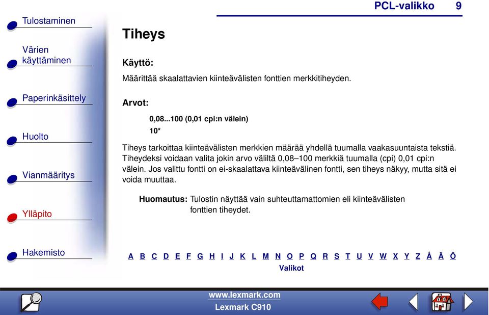 Tiheydeksi voidaan valita jokin arvo väliltä 0,08 100 merkkiä tuumalla (cpi) 0,01 cpi:n välein.