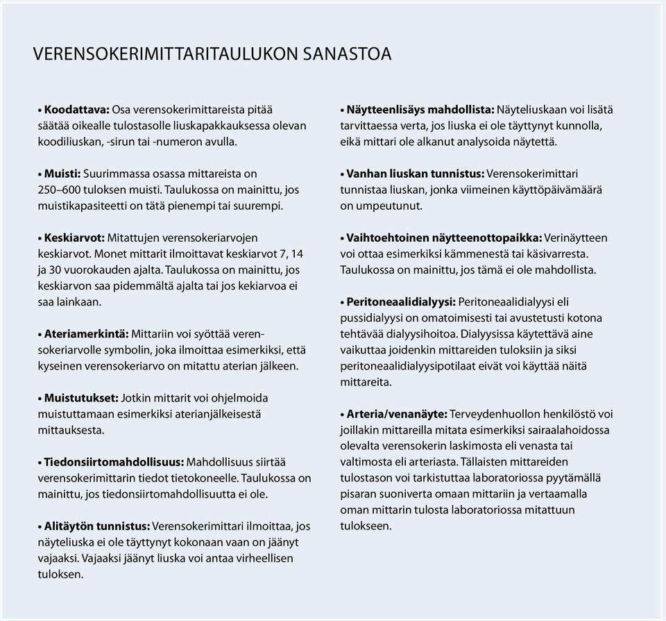 Monet mittarit ilmoittavat keskiarvot 7, 14 ja 30 vuorokauden ajalta. Taulukossa on mainittu, jos keskiarvon saa pidemmältä ajalta tai jos kekiarvoa ei saa lainkaan.