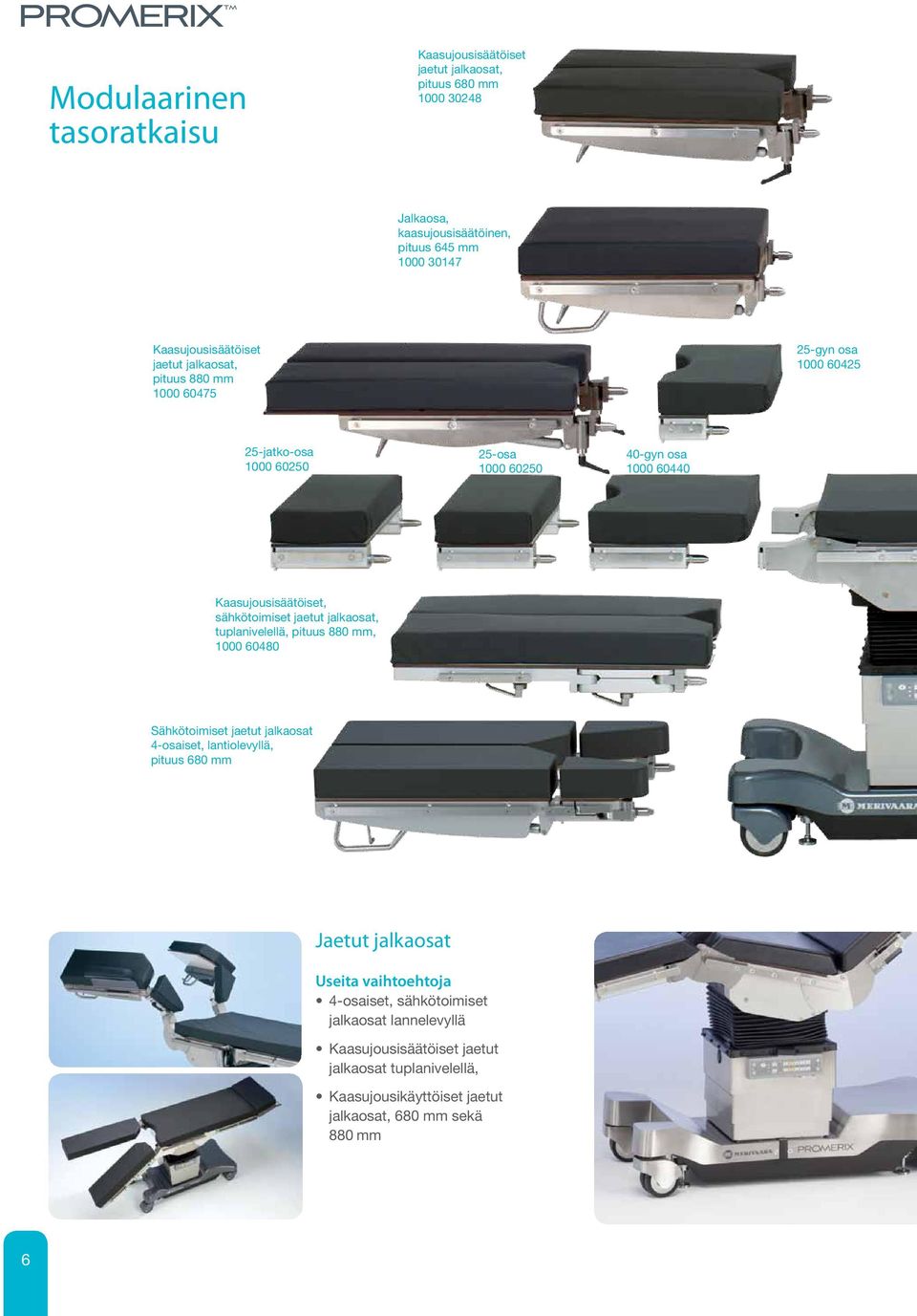 jaetut jalkaosat, tuplanivelellä, pituus 880 mm, 1000 60480 Sähkötoimiset jaetut jalkaosat 4-osaiset, lantiolevyllä, pituus 680 mm Jaetut jalkaosat Useita