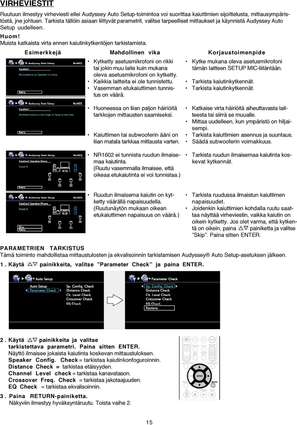 Esimerkkejä Mahdollinen vika Korjaustoimenpide Kytketty asetusmikrofoni on rikki Kytke mukana oleva asetusmikrofoni tai jokin muu laite kuin mukana tämän laitteen SETUP MIC-liitäntään.