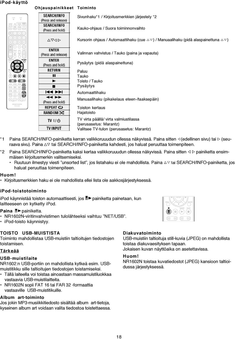 TV virta päällä/ virta valmiustilassa (perusasetus: Marantz) Valitsee TV-tulon (perusasetus: Marantz) *1 Paina SEARCH/INFO-painiketta kerran valikkoruuudun ollessa näkyvissä.