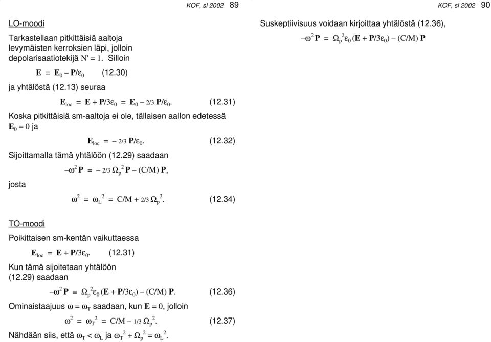 29) saadaan josta ω 2 P = 2/3 Ω p 2 P (C/M) P, KOF, sl 2002 89 ω 2 = ω L 2 = C/M + 2/3 Ω p 2. (12.34) Suskeptiivisuus voidaan kirjoittaa yhtälöstä (12.