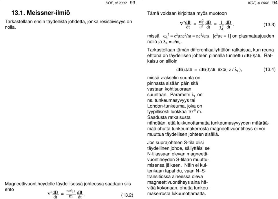 Tarkastellaan tämän differentiaaliyhtälön ratkaisua, kun reunaehtona on täydellisen johteen pinnalla tunnettu db(0)/dt. Ratkaisu on silloin db(z)/dt = db(0)/dt exp( z / λ L ), (13.