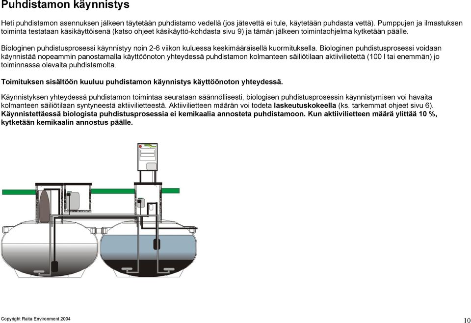 Biologinen puhdistusprosessi käynnistyy noin 2-6 viikon kuluessa keskimääräisellä kuormituksella.