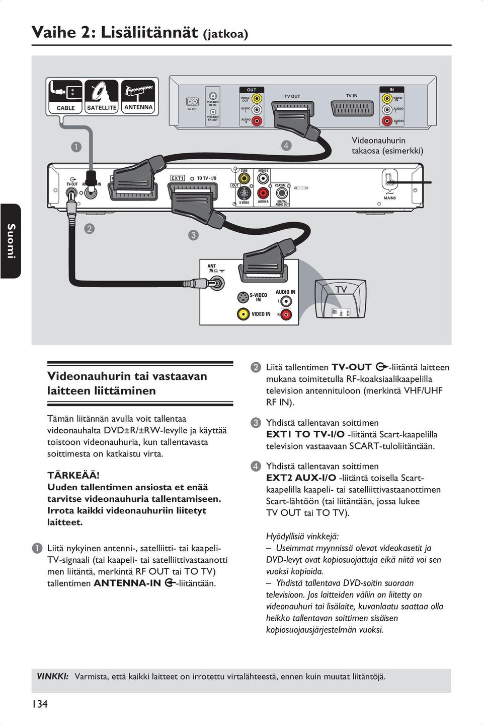 DVD±R/±RW-levylle ja käyttää toistoon videonauhuria, kun tallentavasta soittimesta on katkaistu virta. TÄRKEÄÄ! Uuden tallentimen ansiosta et enää tarvitse videonauhuria tallentamiseen.