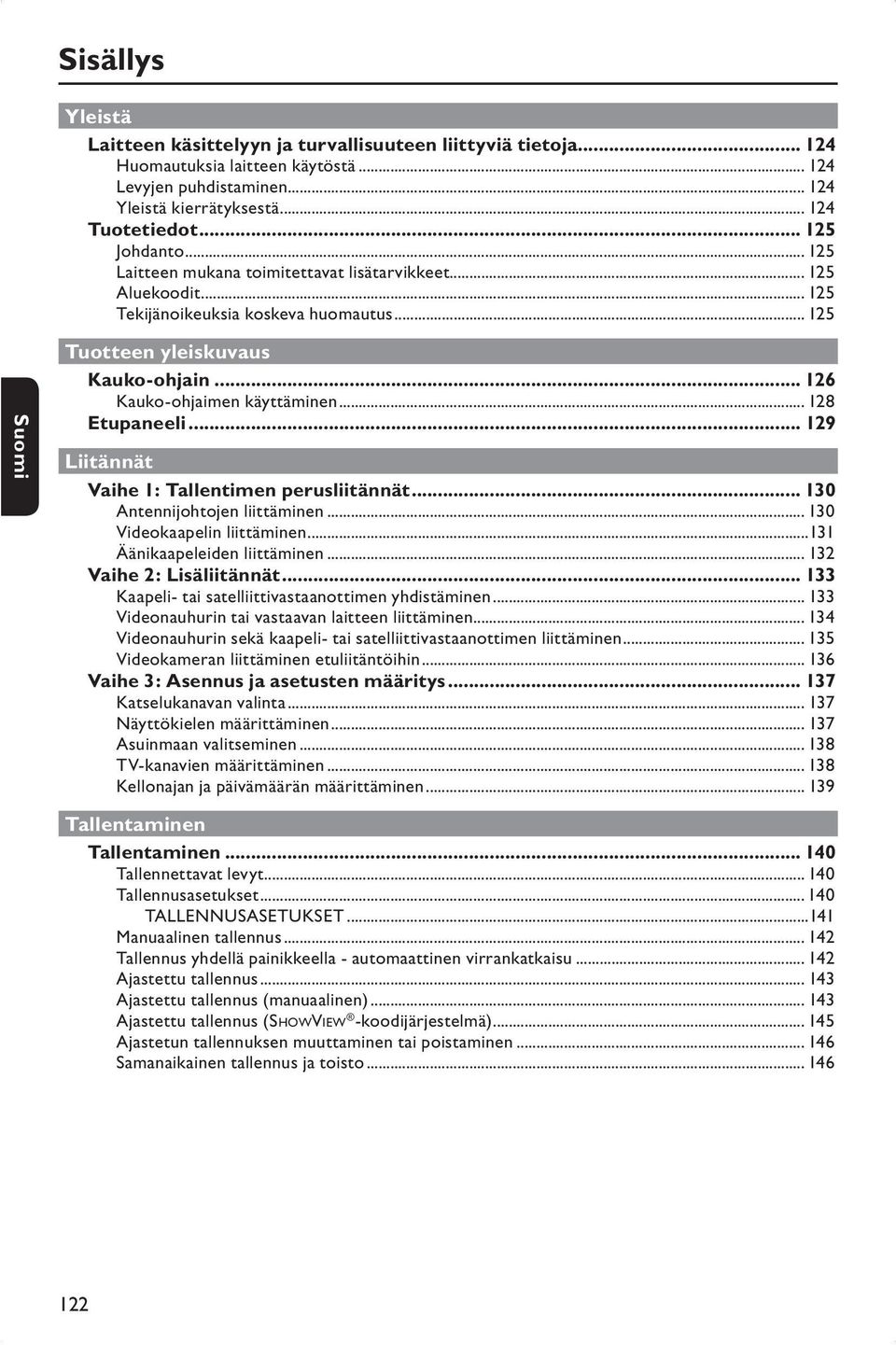 .. 128 Etupaneeli... 129 Liitännät Vaihe 1: Tallentimen perusliitännät... 130 Antennijohtojen liittäminen... 130 Videokaapelin liittäminen...131 Äänikaapeleiden liittäminen.