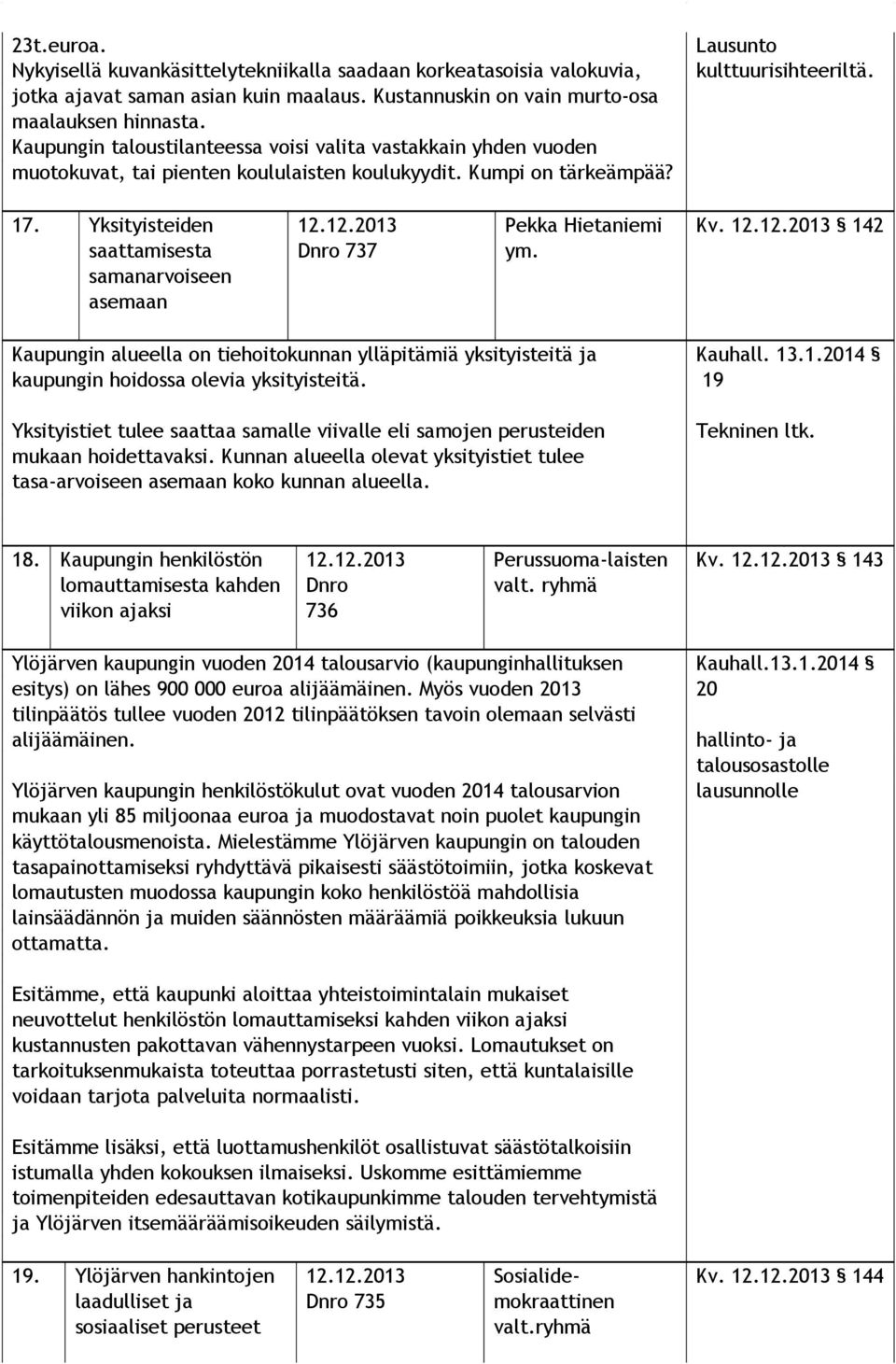 Yksityisteiden saattamisesta samanarvoiseen asemaan 12.12.2013 Dnro 737 Pekka Hietaniemi ym. Kv. 12.12.2013 142 Kaupungin alueella on tiehoitokunnan ylläpitämiä yksityisteitä ja kaupungin hoidossa olevia yksityisteitä.