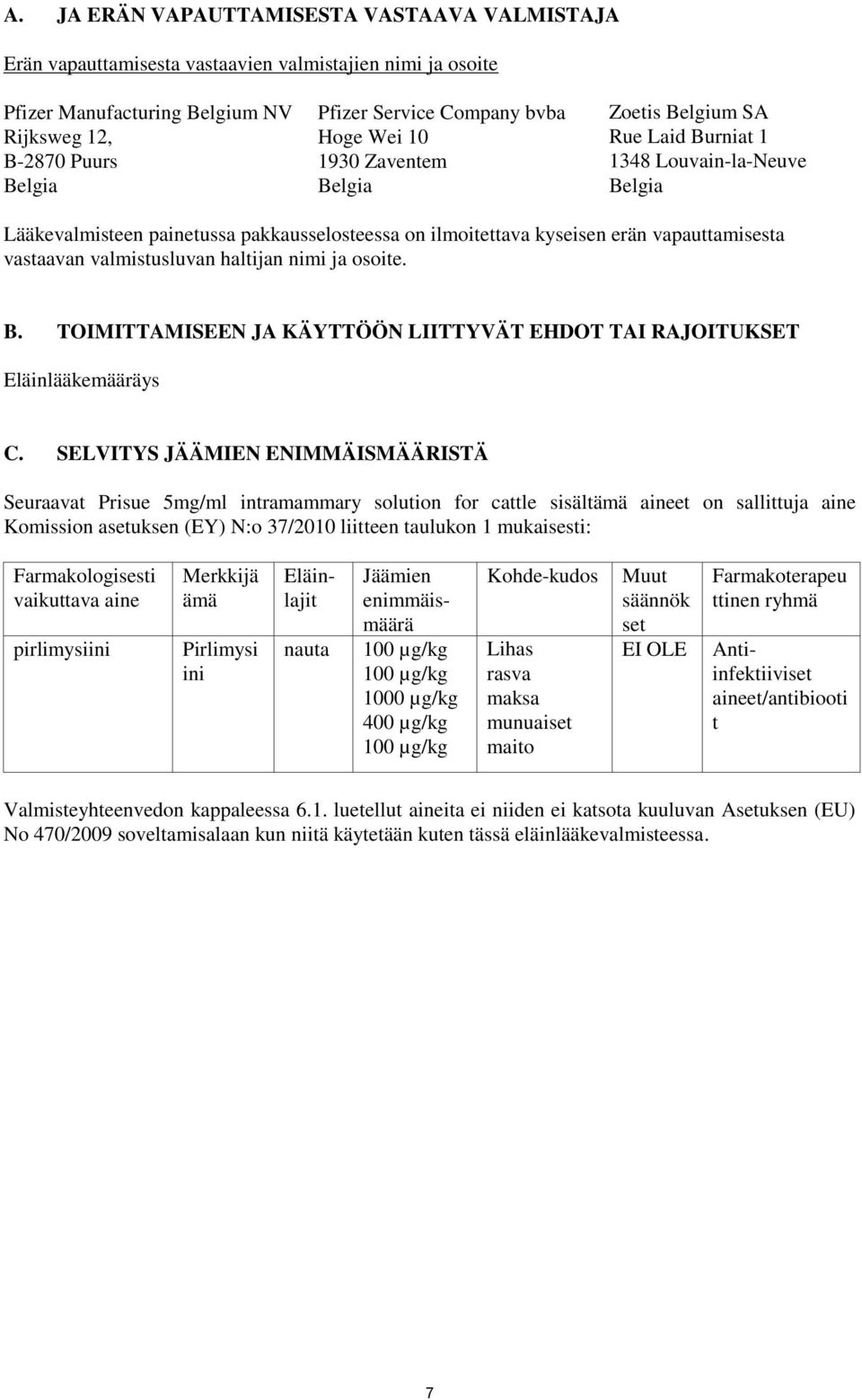 vastaavan valmistusluvan haltijan nimi ja osoite. B. TOIMITTAMISEEN JA KÄYTTÖÖN LIITTYVÄT EHDOT TAI RAJOITUKSET Eläinlääkemääräys C.