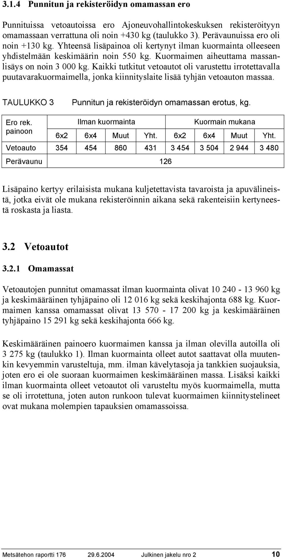 Kaikki tutkitut vetoautot oli varustettu irrotettavalla puutavarakuormaimella, jonka kiinnityslaite lisää tyhjän vetoauton massaa. TAULUKKO 3 Punnitun ja rekisteröidyn omamassan erotus, kg. Ero rek.