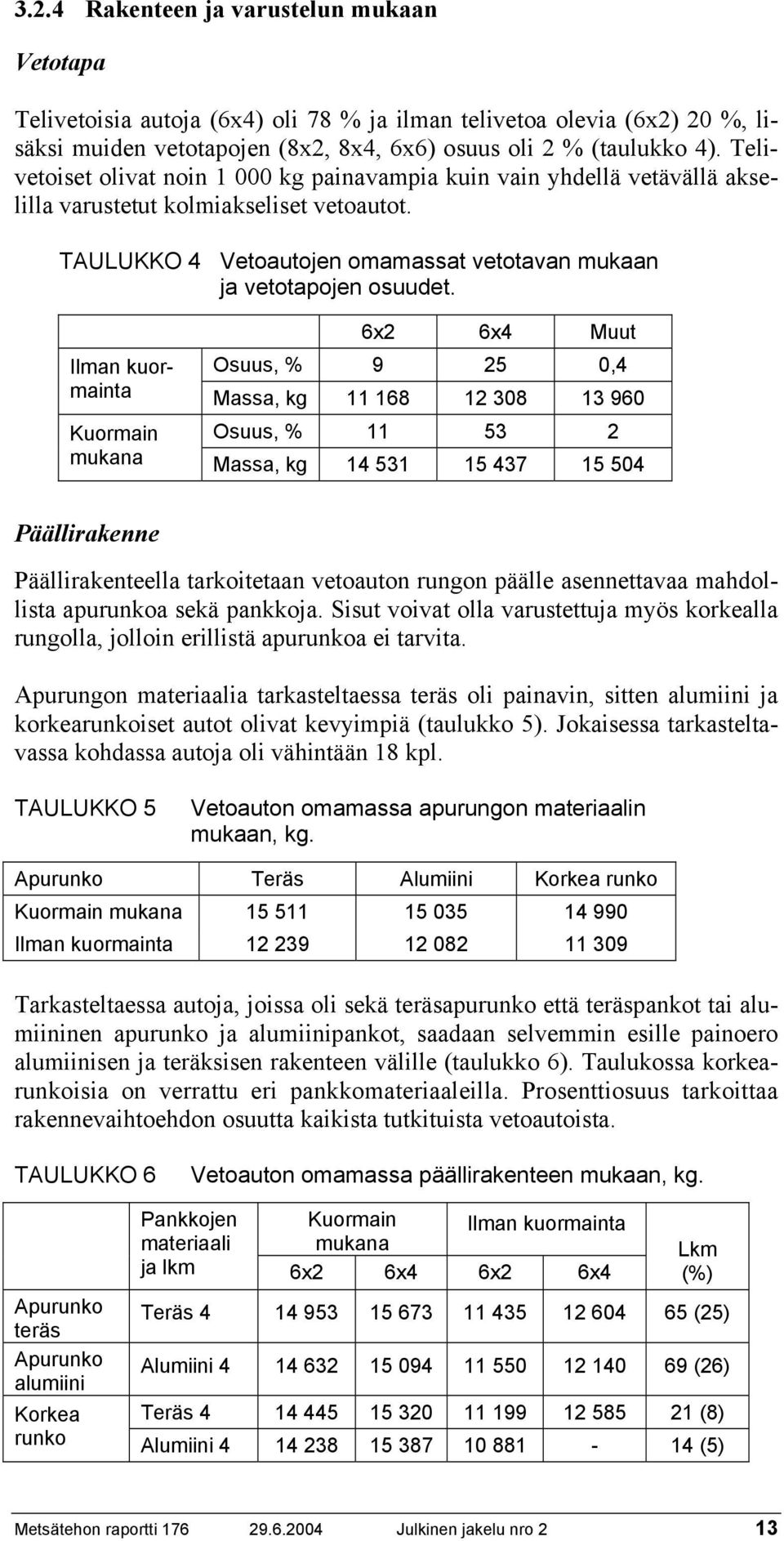 6x2 6x4 Muut Ilman kuormainta Osuus, % 9 25 0,4 Massa, kg 11 168 12 308 13 960 Kuormain Osuus, % 11 53 2 mukana Massa, kg 14 531 15 437 15 504 Päällirakenne Päällirakenteella tarkoitetaan vetoauton