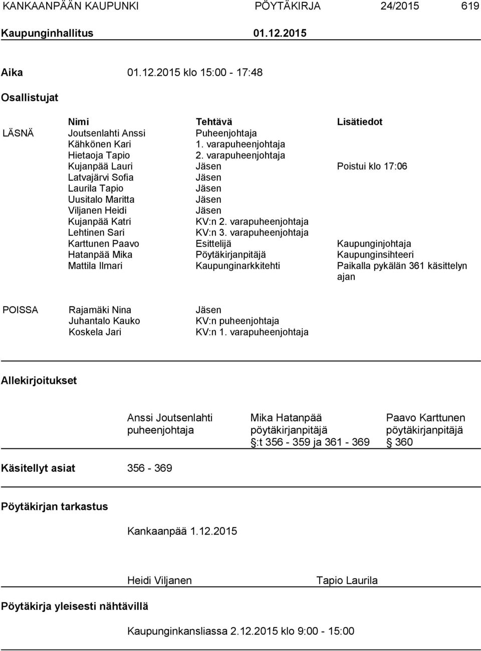 varapuheenjohtaja Kujanpää Lauri Jäsen Poistui klo 17:06 Latvajärvi Sofia Jäsen Laurila Tapio Jäsen Uusitalo Maritta Jäsen Viljanen Heidi Jäsen Kujanpää Katri KV:n 2.