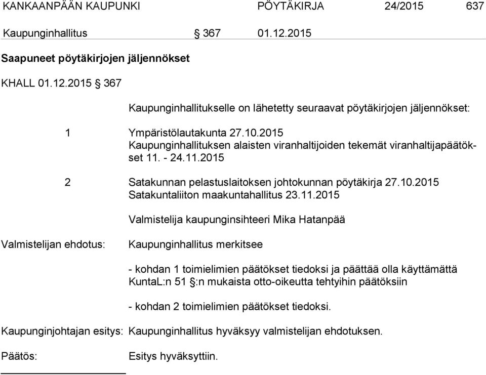 11.2015 Valmistelija kaupunginsihteeri Mika Hatanpää Valmistelijan ehdotus: Kaupunginhallitus merkitsee - kohdan 1 toimielimien päätökset tiedoksi ja päättää olla käyttämättä KuntaL:n 51 :n mukaista