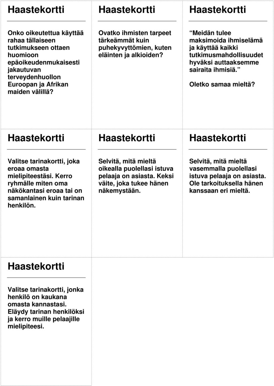 Oletko samaa mieltä? Valitse tarinakortti, joka eroaa omasta mielipiteestäsi. Kerro ryhmälle miten oma näkökantasi eroaa tai on samanlainen kuin tarinan henkilön.