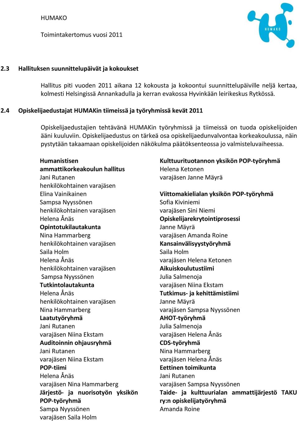 4 Opiskelijaedustajat HUMAKin tiimeissä ja työryhmissä kevät 2011 Opiskelijaedustajien tehtävänä HUMAKin työryhmissä ja tiimeissä on tuoda opiskelijoiden ääni kuuluviin.