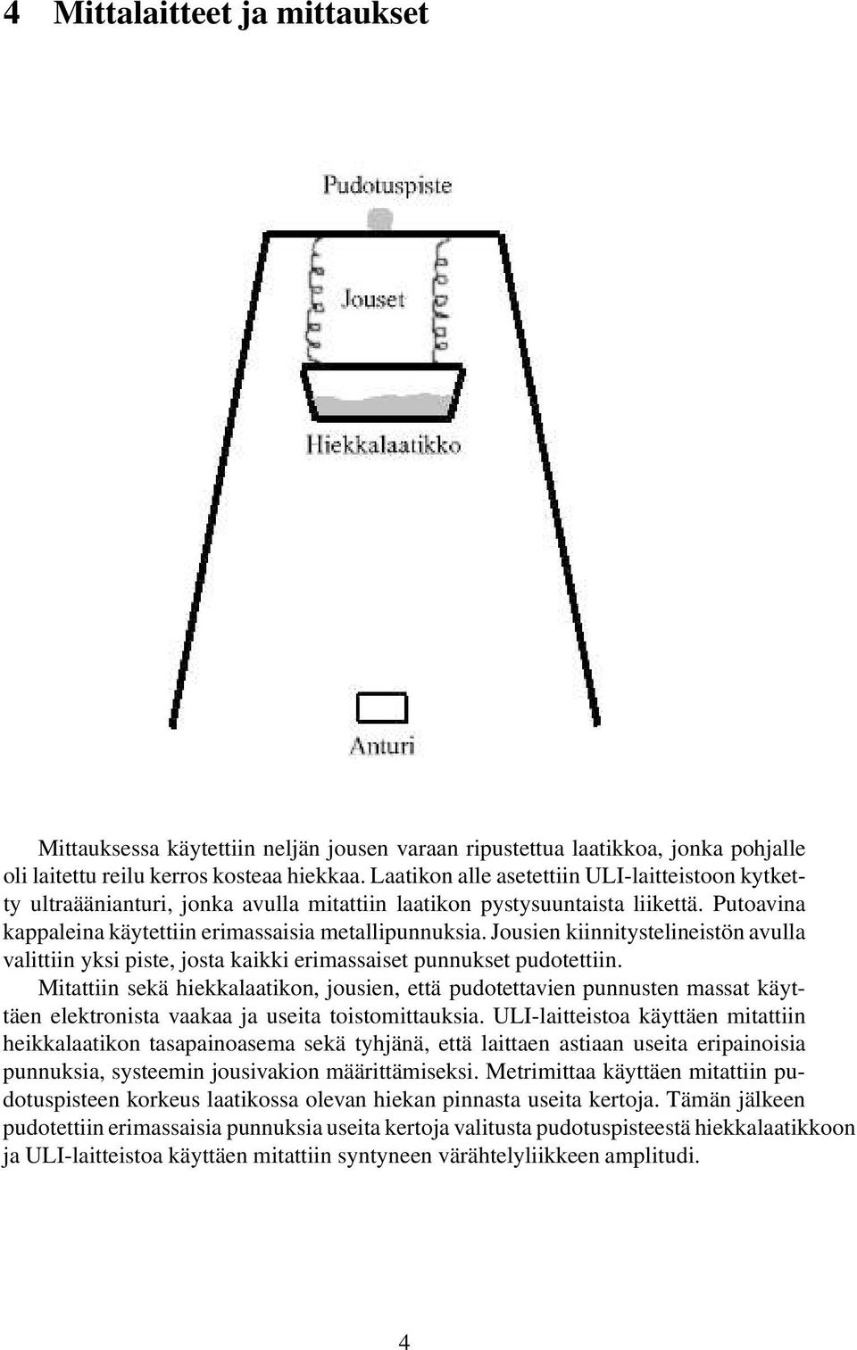 Jousien kiinnitystelineistön avulla valittiin yksi piste, josta kaikki erimassaiset punnukset pudotettiin.