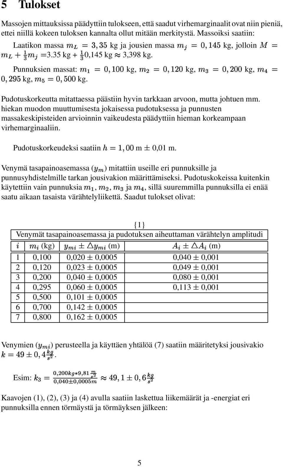 Punnuksien massat: XQNM QQ kg, QNM YQ kg, 3 QM=YQZQ kg, QM=Y]^P [\ kg, 1_`QM=PYQZQ kg. Pudotuskorkeutta mitattaessa päästiin hyvin tarkkaan arvoon, mutta johtuen mm.