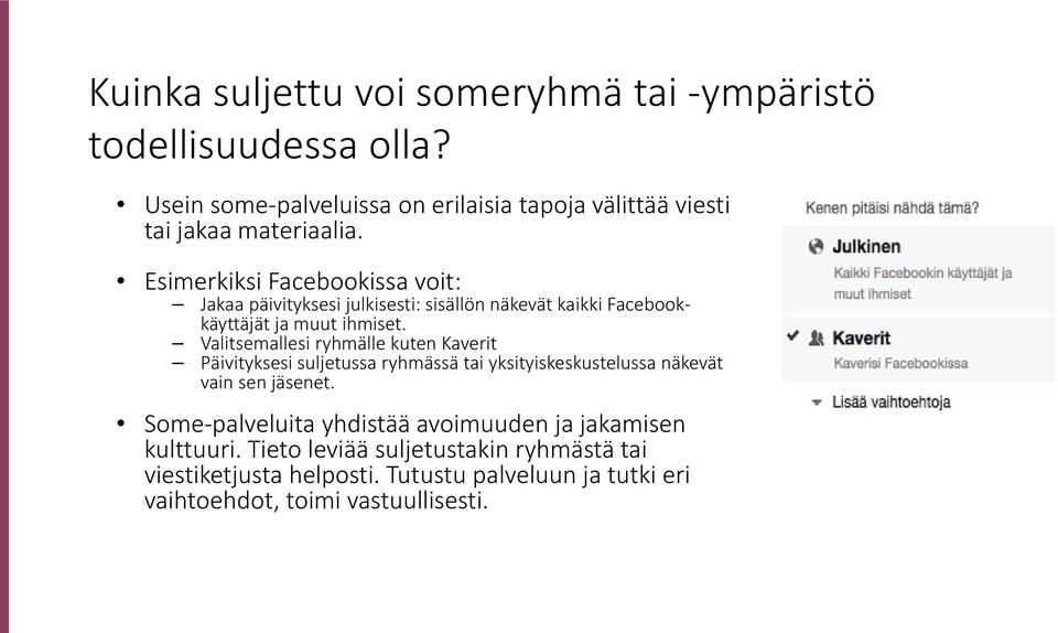 Esimerkiksi Facebookissa voit: Jakaa päivityksesi julkisesti: sisällön näkevät kaikki Facebookkäyttäjät ja muut ihmiset.