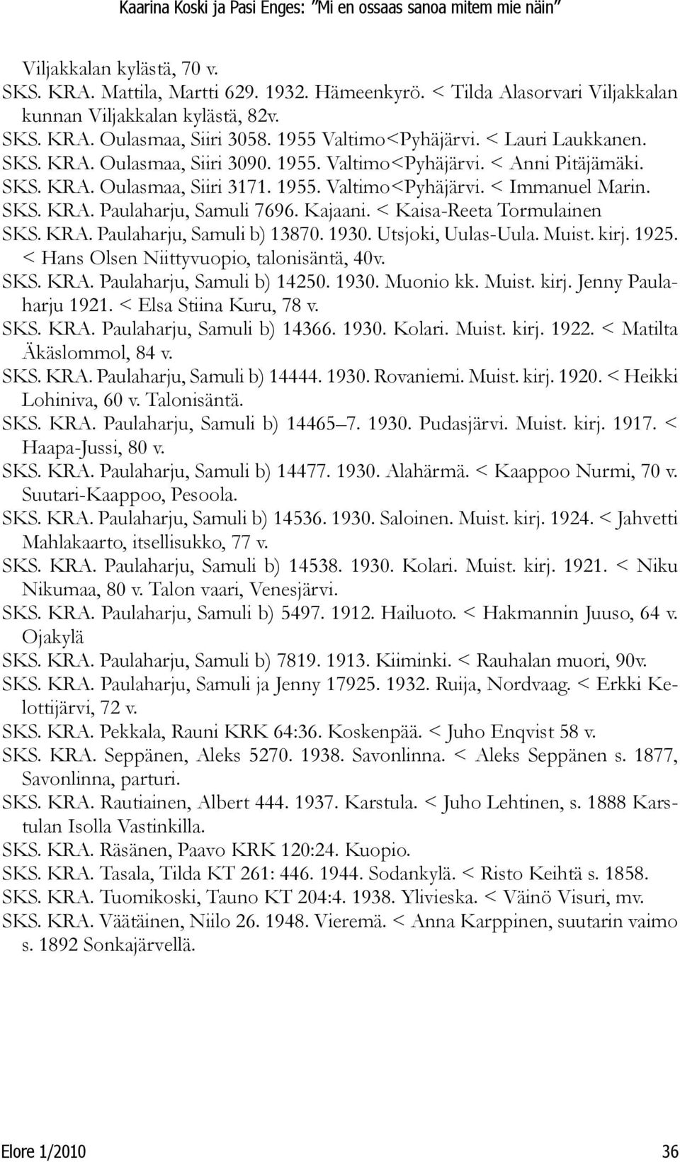 Kajaani. < Kaisa-Reeta Tormulainen SKS. KRA. Paulaharju, Samuli b) 13870. 1930. Utsjoki, Uulas-Uula. Muist. kirj. 1925. < Hans Olsen Niittyvuopio, talonisäntä, 40v. SKS. KRA. Paulaharju, Samuli b) 14250.